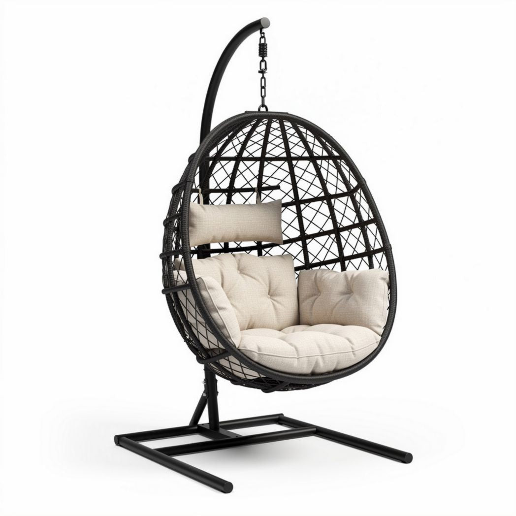 Hanging egg chair with soft cushion in beige and black metal frame