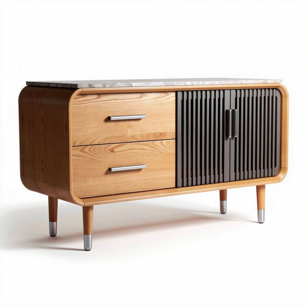 Wooden sideboard with marble top and two drawers in natural finish