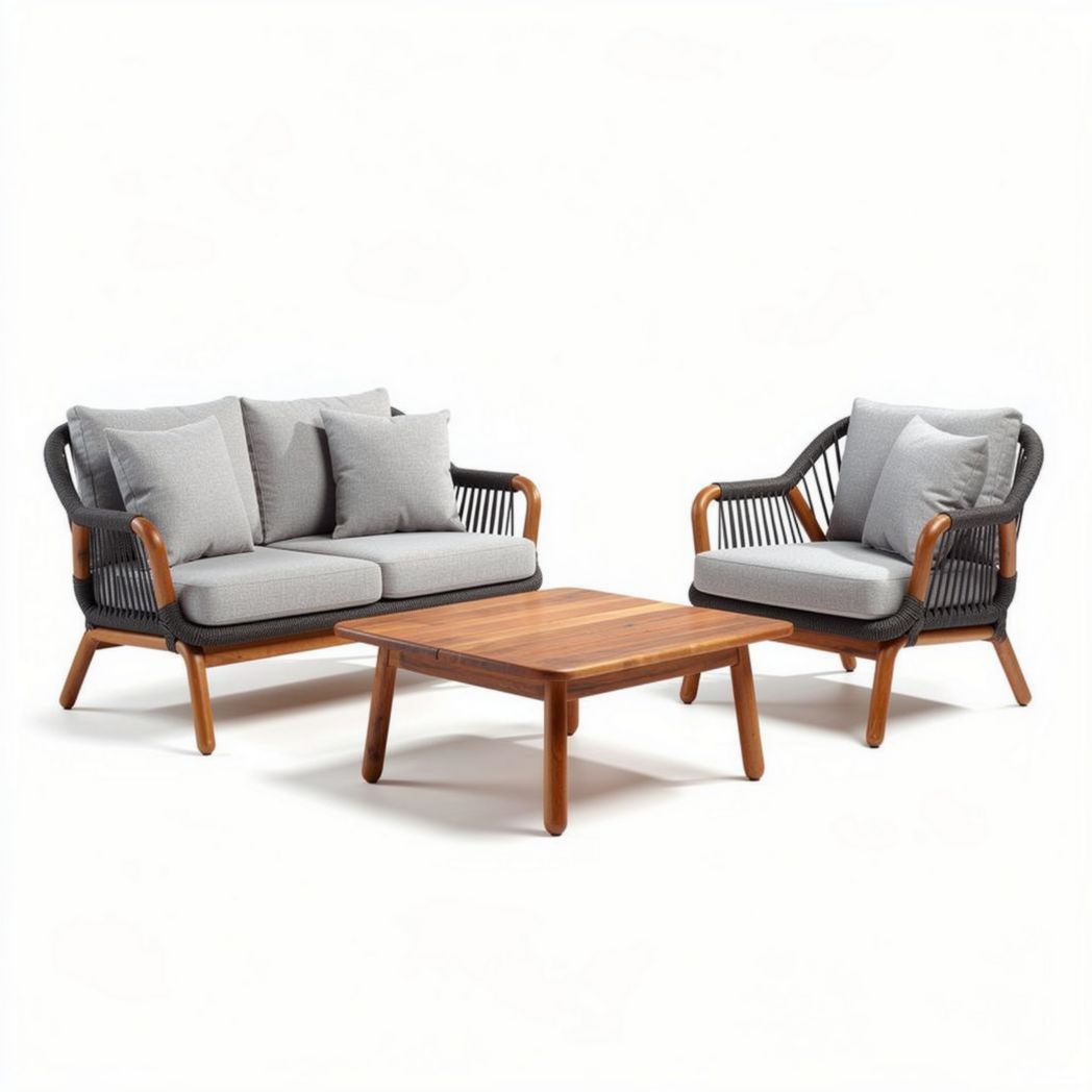 Outdoor rattan sofa set with wooden legs and gray cushions 150 x 80 x 70cm