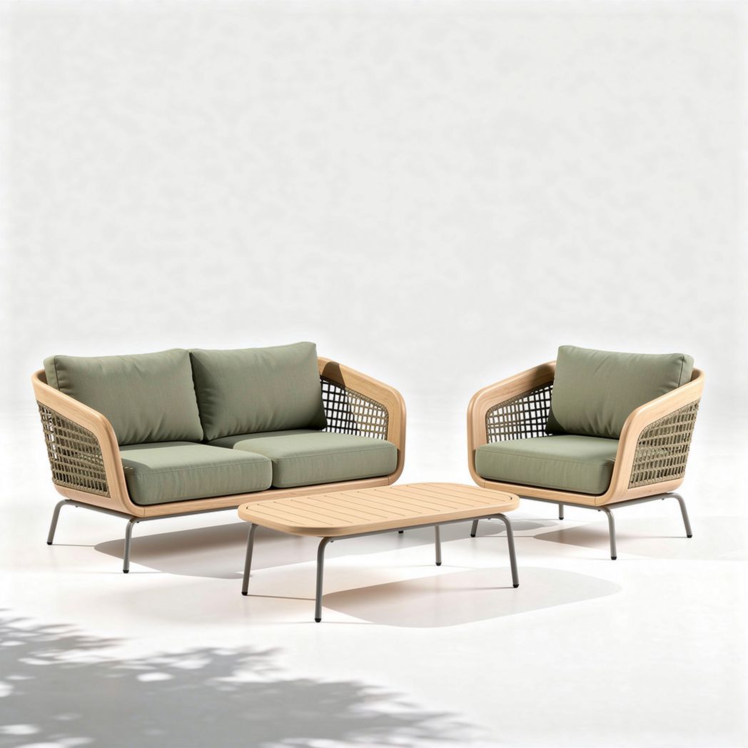 Outdoor rattan living room sofa set with green cushions and wooden coffee table