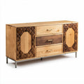 Wooden sideboard with geometric patterns two-tone design and metal legs 150 x 40 x 70cm