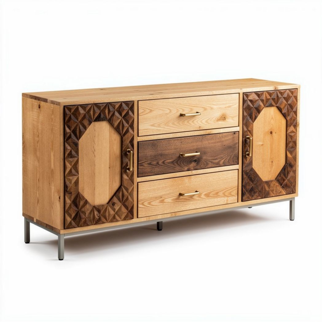 Wooden sideboard with geometric patterns two-tone design and metal legs 150 x 40 x 70cm