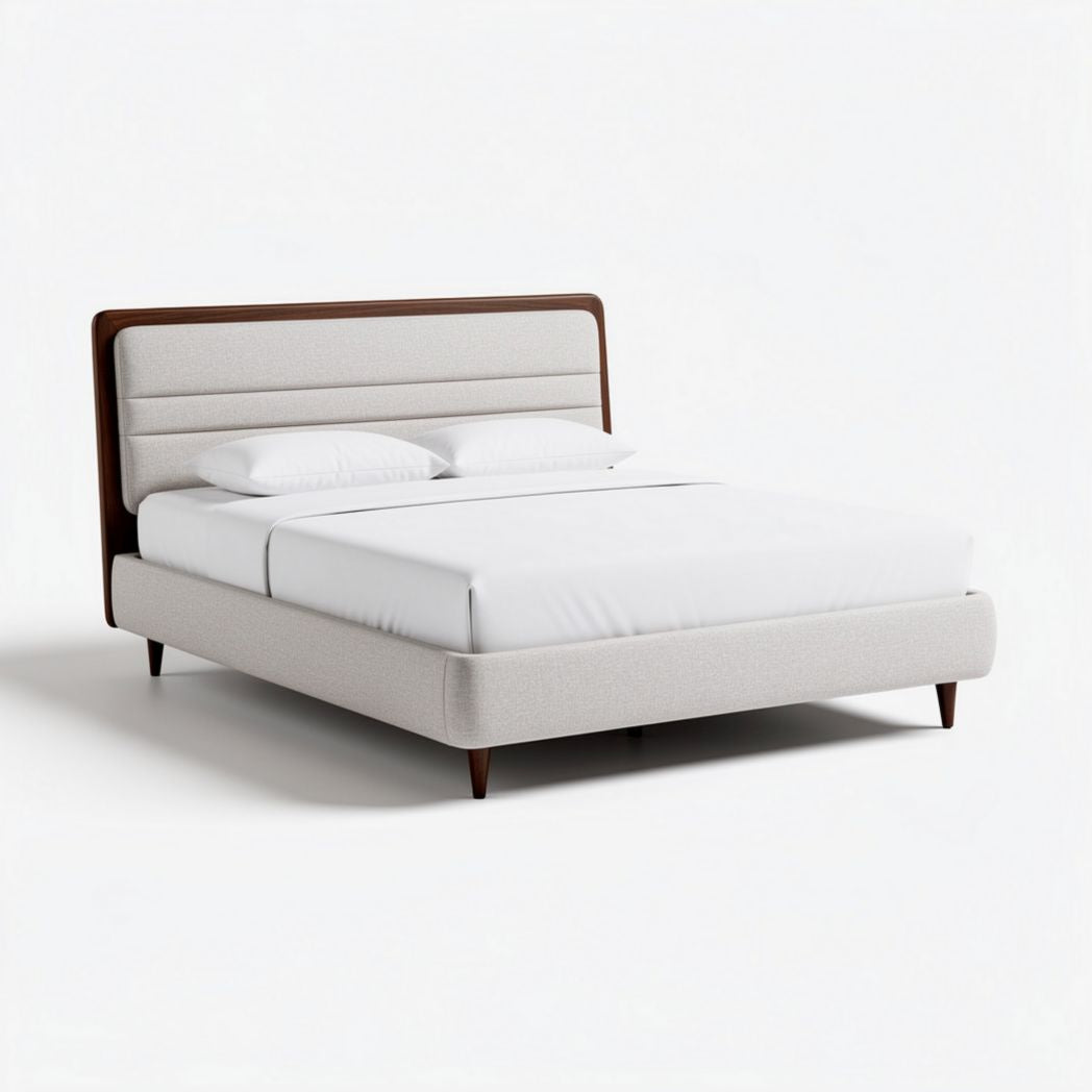 Fabric upholstered bed frame with wooden headboard and dimensions 200 x 160 x 50cm