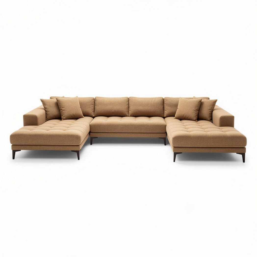 Tan fabric sectional sofa with modern design and adjustable cushions 250 x 90 x 85cm