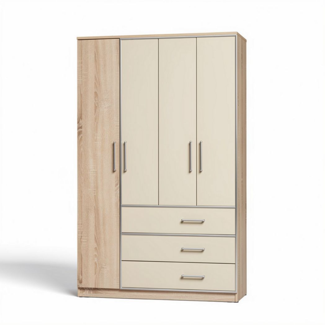 Wooden wardrobe with storage drawers and doors in beige and light wood finish 180 x 80 x 40cm