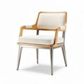 Wood and metal accent chair with cream upholstery for dining space